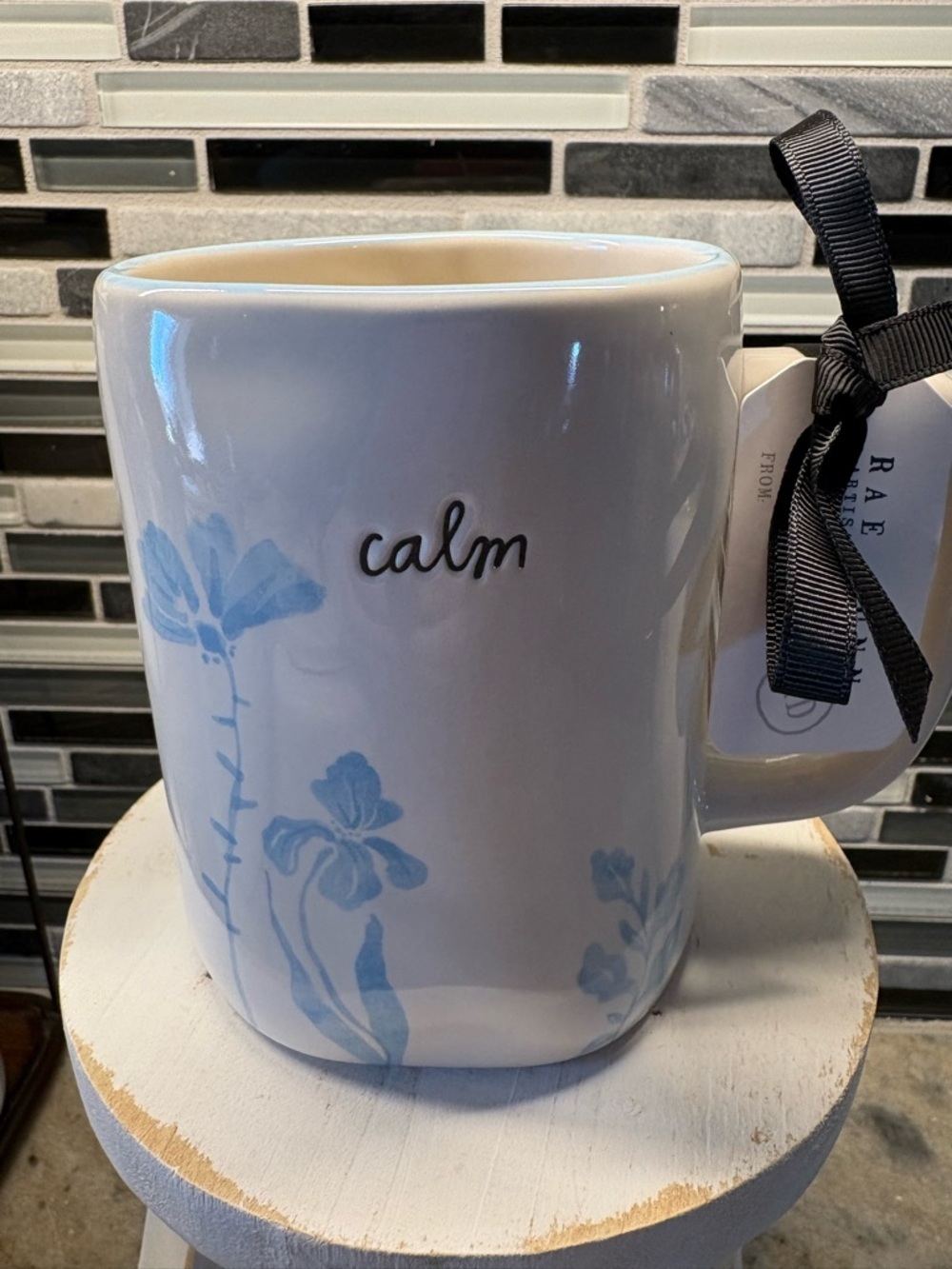 Rae Dunn Blue Floral "Calm" Ceramic Mug